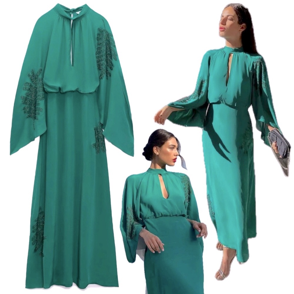Zara Teal Long Sleeve Maxi Dress with Embroidered Sleeves